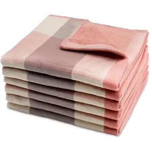 6 Pack  Cotton Washcloths, Dual-Sided Design (Terry + Gauze) Facecloths, 13x13 Inch Ginghqm Washrags, Soft & -Friendly, for Bathroom, Kitchen & Household (Pink, 13x13 Inches)