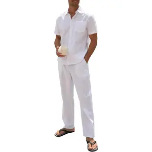 Men's Linen sets 2 Piece Outfits Beach Wedding Clothes Casual Button Down Shirts Yoga Pants Summer Matching Suit