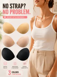 Front Buckle Self Adhesive Push Up Bra, Solid Invisible Strapless Backless Bra, Sweatproof Skin-Safe Reusable, Non-Slip All Day Fit for Wedding Bikini Daily Dresses, Fits A-D Cups | Value 4 Pairs