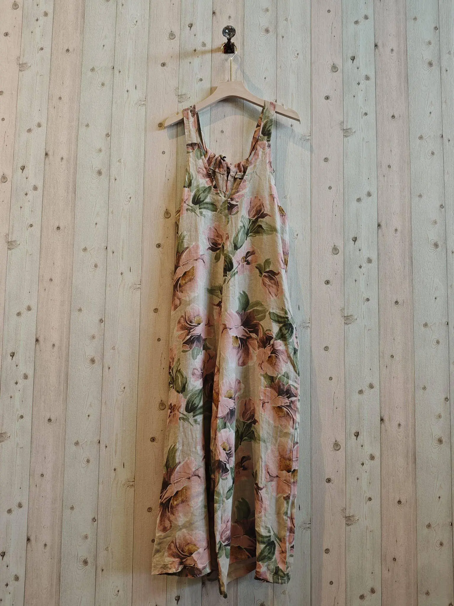 Women's 100% Breathable Linen Sleeveless Bohemian Print Spaghetti Strap Overalls Jumpsuit - Beige Casual Outfit