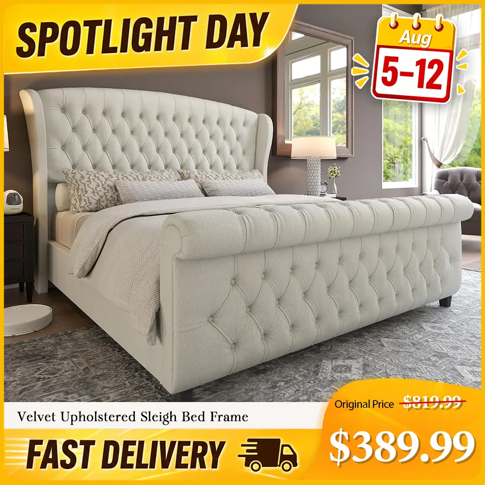 【Spotlight Day】[Only Bed Frame]VanAcc Platform Bed Frame, Velvet Upholstered Sleigh Bed with Scroll Wingback Headboard & Footboard/Button Tufted/No Box Spring Required/Easy Assembly #homemakeover