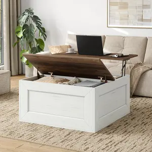 Farmhouse Height Adjustable Square Coffee Table with Hidden Storage Compartment & Adjustable Shelves, Multi-Use Living Room Coffee Table in Black / White / Blue