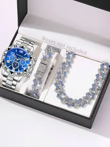 Men's Luxury Quartz Watch Set with Cuban Link Bracelet & Necklace, Stainless Steel Strap, Analog Dial, Fashion Fall Gift, Business Fashion Watches