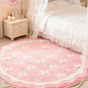 Round Bow Flower Print Carpet, Foldable Washable Non-Slip Plush Rug, Decorative Living Room Bedroom Mat, Easy Care Large, Flower Pattern Rugs, Floral Print Rug