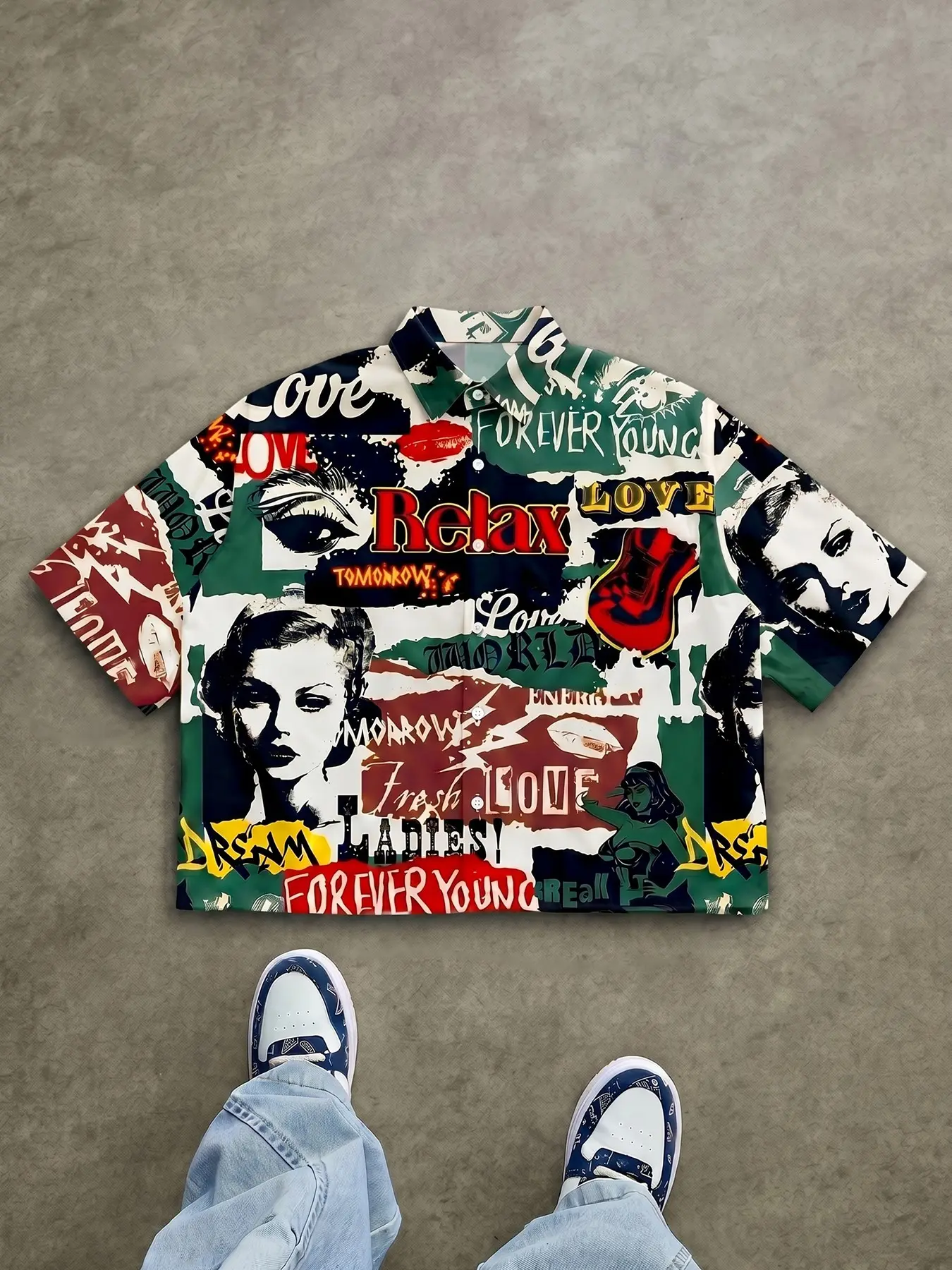 Y2K retro graffiti print, Casual Printed men's short-sleeve shirt, Casual Comfy Collared, vintage pop art graphic pattern button-up top, street hip-hop streetwear loose casual shirt, summer trendy, everyday street style outfit
