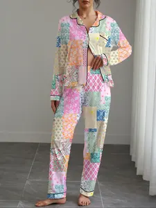 Women's Floral Pajama Set, Long Sleeve Lapel Top & Elastic Pants, Casual Fitted Sleepwear & Loungewear for All Seasons, Comfortable Home Wear