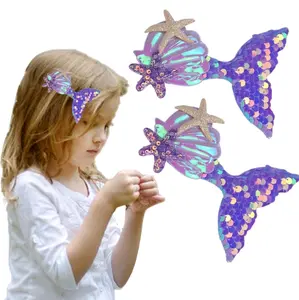 Mermaid Hair Pins Sequins Reversible Fish Tail Hair Clips Starfish Shell Hair Barrettes Purple Mermaid Glitter flakes Hair Alligator Clips Cute Girls Women Hair Accessories Birthday Beach Party Headpiece Supplies 2 PCS