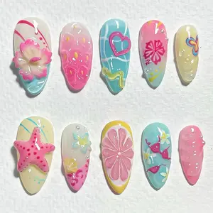10 Piece Press-On Almond Nail Set, Summer Beach Shell Design, 3D Floral Butterfly Heart Pattern, Handmade Fake Nails