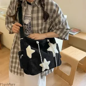 Women’s High-Capacity Corduroy Tote - Cute Star Patch Crossbody Purse with Adjustable Strap, Soft Lightweight Everyday Bag for Casual, School Travel Use, Crossbody Bags