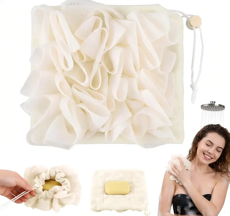 2-in-1 Exfoliating Loofah Sponge with Washcloth, 2-Piece Beige Mesh Pouf Set with Drawstring for Body Cleansing & Smooth Skin, Bathing Accessories, Multi-Pack, Non-Slip, Smoothing, Adult, Body Cleanse, 2-Pieces, 2 In 1 Design
