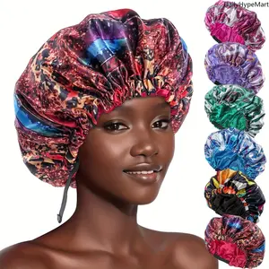 Polyester Cashew Flower Print Double-Layer Shower Cap - Waterproof, Adjustable Hair Cap for Daily Bath Use