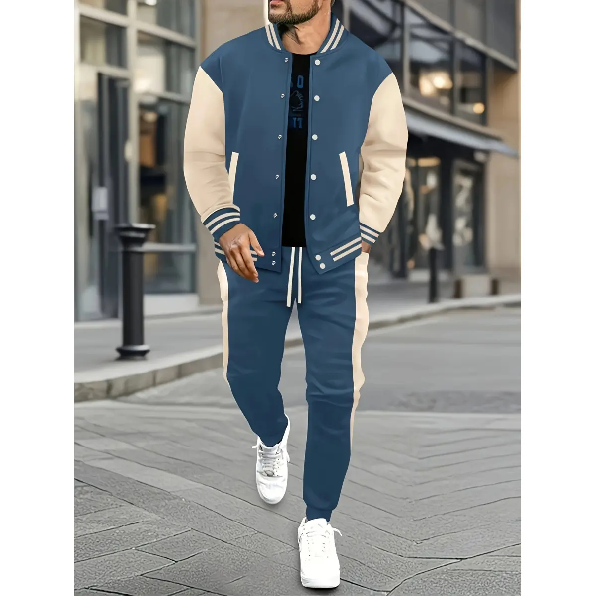 Polyester men's casual baseball jacket & pants set-color block, button-up with belt detail for spring/fall