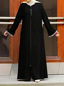 Women's Casual Loose Fit Long Dress with Flounce Sleeves, Faux Zipper Design, Plain Color, Perfect for Daily Wear & Leisure Activities, Modest Abaya Dress