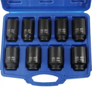 SAE Deep Impact Socket Set 9-Piece 1/2-inch Drive Wheel Axle Nut Wrench Large Sockets Standard Adapter Ranging from 29 to 38 Mm