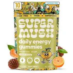SUPERMUSH Energy Gummies Trial Pack (10 Gummies) - Certified Organic Lions Mane Supplement with Cordyceps, Rhodiola, L-Theanine, Maca - Vegan, Sugar-Free, Caffeine-Free for Energy Boost, Brain Health, Stamina, Dietary Supplement, Mushroom Supplement
