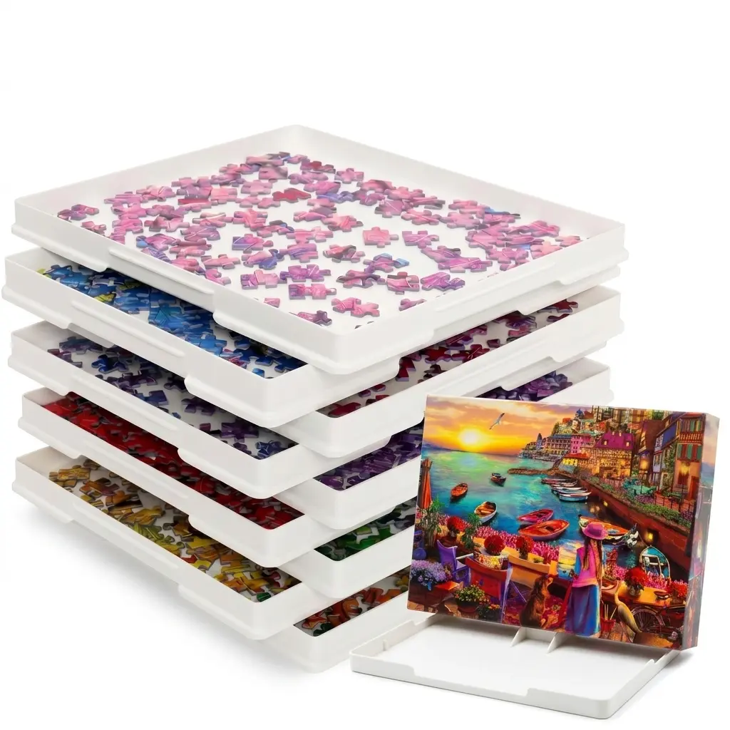 Playboda 9-Pack Rectangle Puzzle Sorting Trays Organiser with Stackable Lids - 11"x9", No Battery Needed, Doubles as Box Stand, for 1000-1500-Piece Puzzles, Easy Separation, Better Grip, Elegant Packaging, Gift for Adult Enthusiasts & Birthdays, 1000 To 1