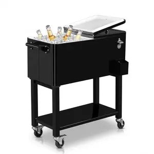 80 Quart Rolling Ice Chest, Portable Bar Drink Cooler with Catch Basin, Bottom Storage Tray and Bottle Opener for Patio Party BBQ Beach Activities Outdoor Barbeque Grill