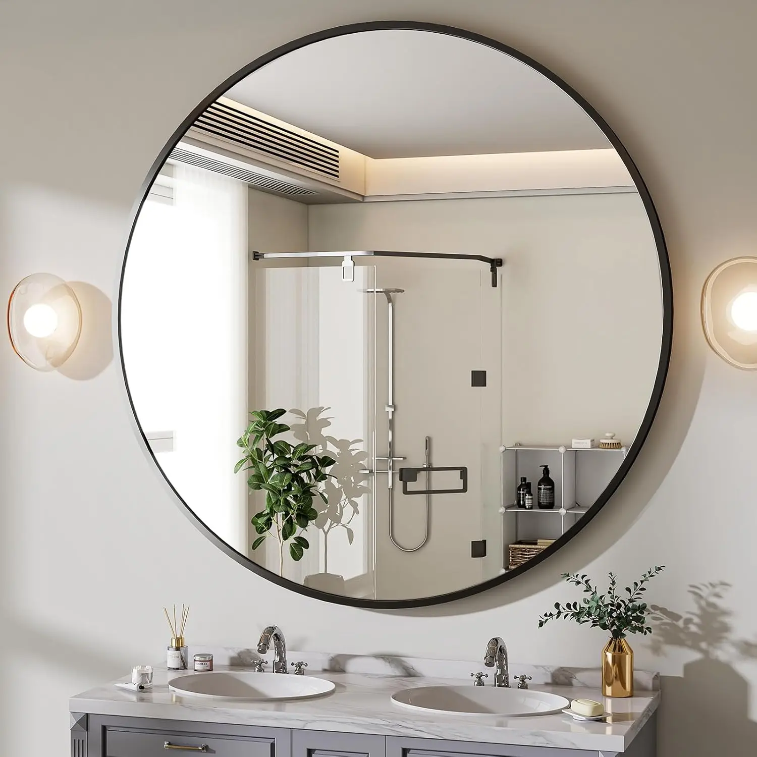 Large 30-inch Round Black Mirror Statement Piece - Bathroom Wall Decor & Living Room Accent Mirror, Modern Rustic Style