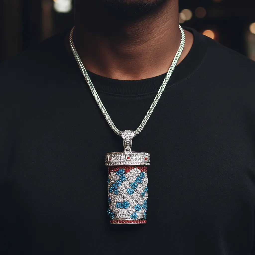 MaxBling81 Men's Silver-Plated Hip Hop Necklace Set - Iced Out CZ Pill Bottle Charm Pendant, 4mm 36in Franco Chain Link Stylish Costume Accessory, Iced Out Jewelry, Bling Stylish Accessory, Ice Necklaces