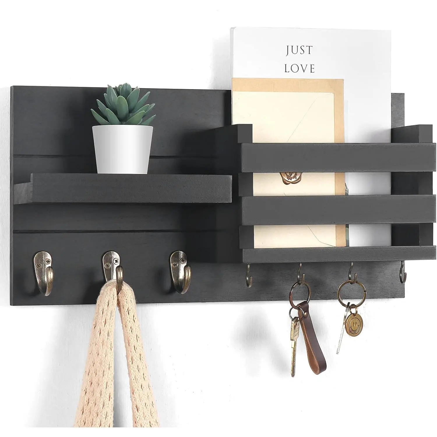 Rustic Wooden Wall Mount Mail Key Holder with Adjustable Hooks & Letter Rack Shelf, Entryway Decor Storage Organizer for Coats, Dog Leashes, Entryway Rack