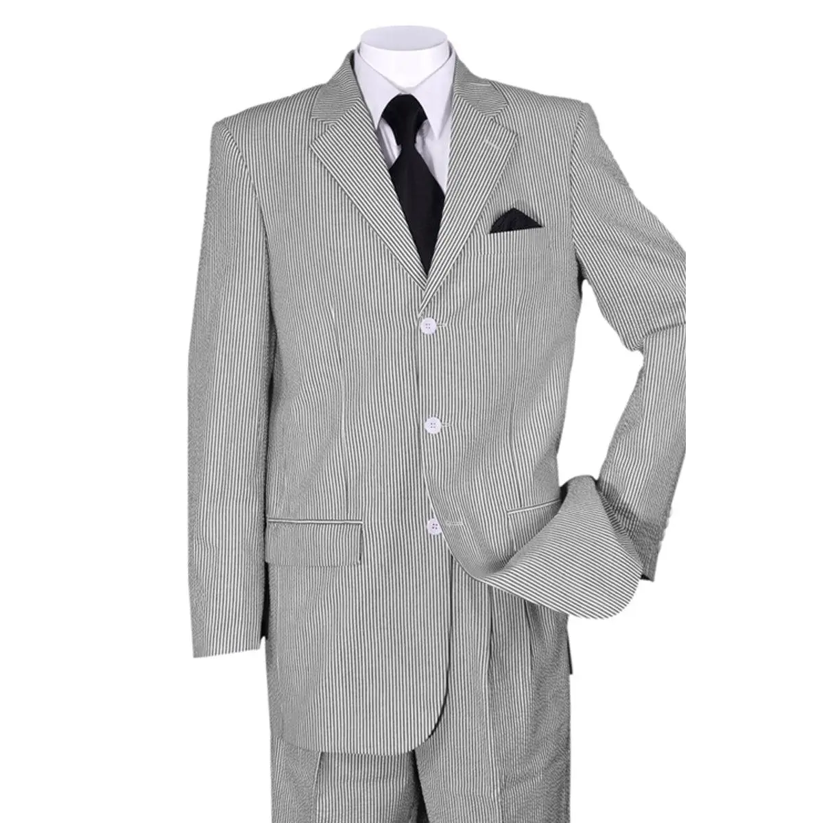 Mens Classic Fit 3 Button Summer Seersucker Suit in Black
