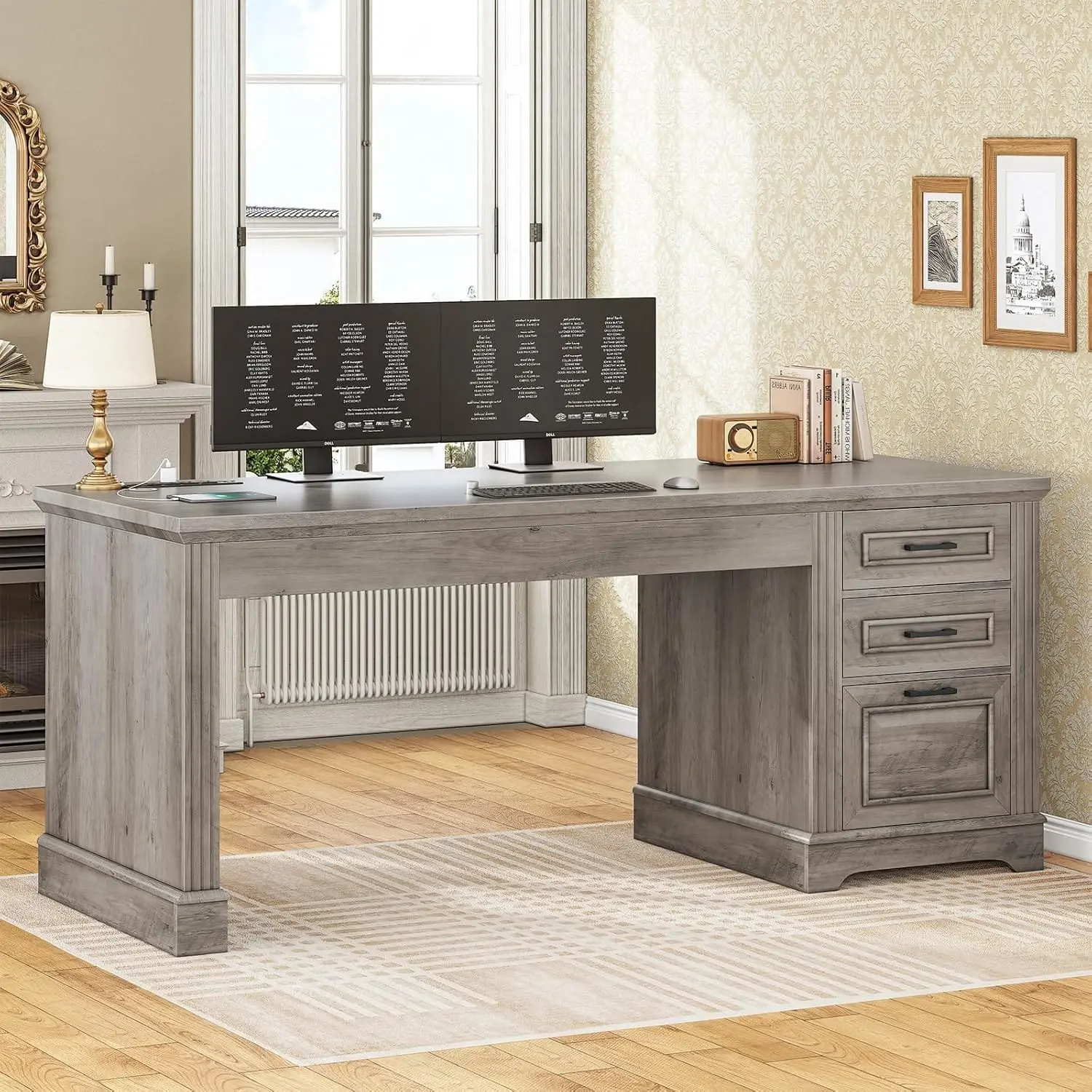 SIKAIC 55" Computer Desk with Power Outlet & 3 Drawers, Grey Home Office Workstation