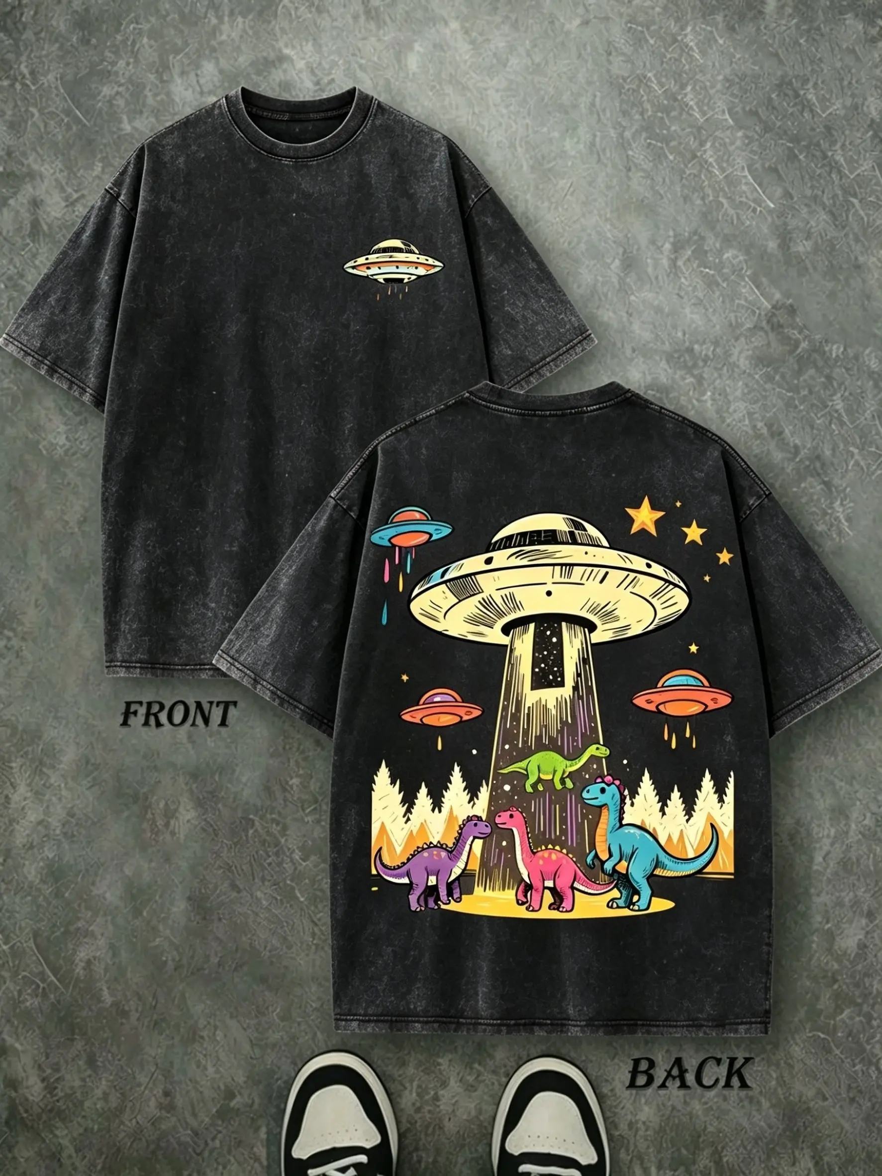 Men's Vintage Washed Black Double-Sided Cotton T-Shirt - UFO Dinosaur Abduction, Retro Alien Spaceship, Colorful Dino Forest Graphic, Oversized Grunge Casual Tops with Classic Vibe for Workwear Streetwear, Cargo Pants