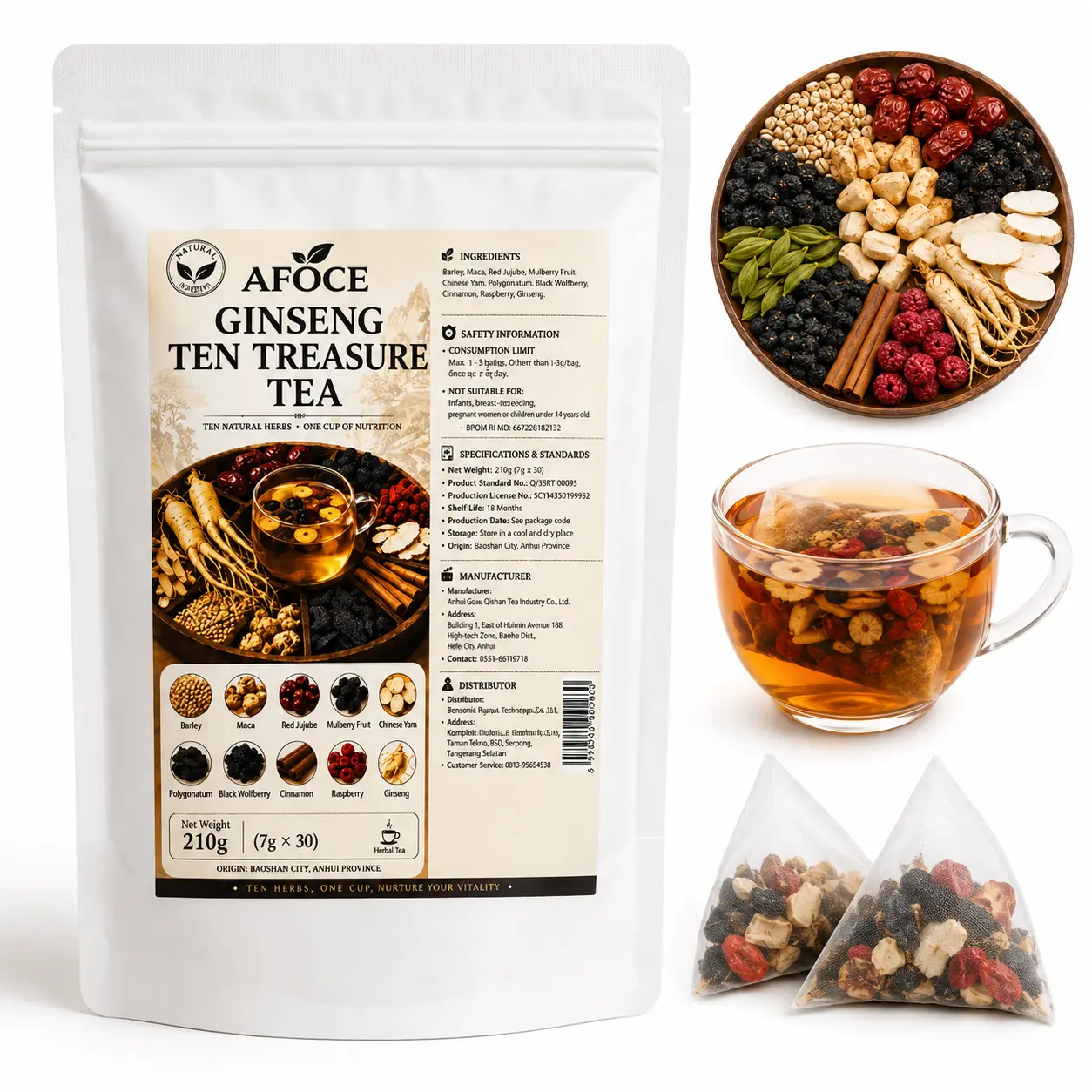 Upgraded Ginseng 5-Treasures & 10-Treasures Herbal Tea Bags - Organic Kidney Support Formula, Red Date Infusion, Detox Cleanse Wellness Drink for Men & Women