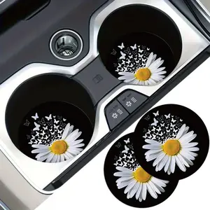 Set of 2 White Daisy Butterfly Design Car Coasters, Round EVA Drink Coasters for Desks, Ideal for Parties, Decorative Car Cup Holders, Perfect for Festivals, Car Interior Accessory, Car Decoration