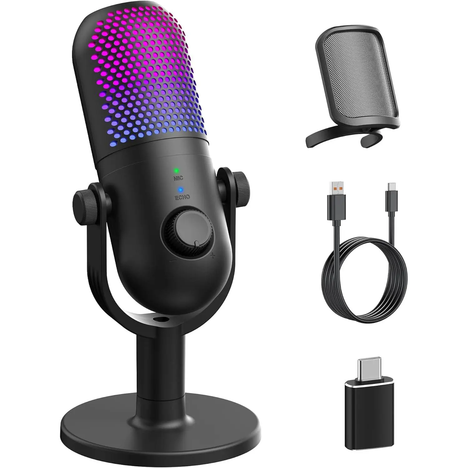 USB Microphone for PC Gaming Condenser Microphone RGB for Gamer with Stand Mic, Recording Mic for Computer&Laptop with Qiuck Mute - Desk Podcast Mic for Podcast & Singing & Streaming & Youtube Black