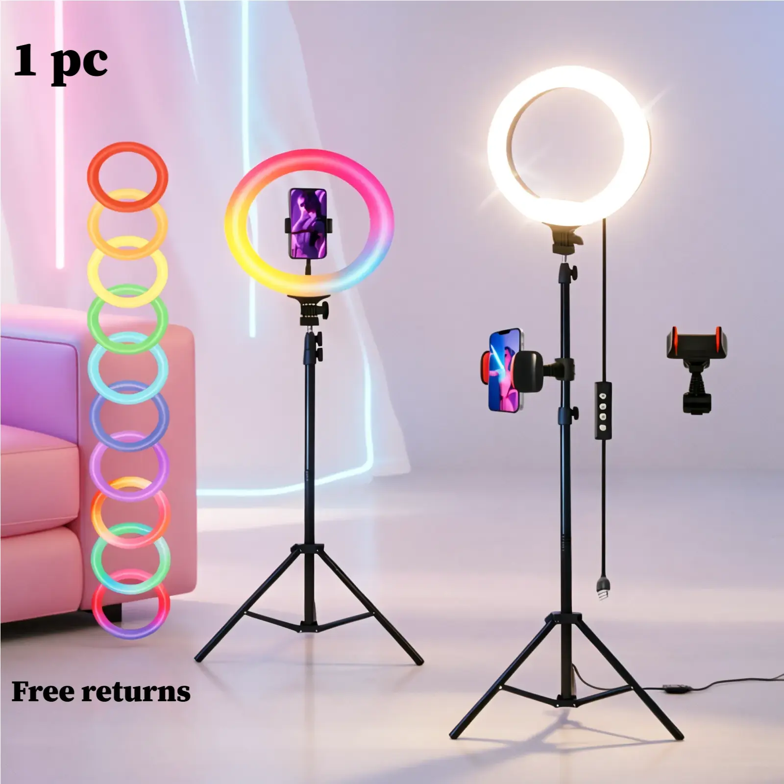 12" Dimmable RGB LED Ringlight with 63" Stable Tripod, Soft LED Posing Light, Phone Bracket, Adjustable Mobile Accessories for Animal Studio Video Lighting & Wedding Photography (110cm)