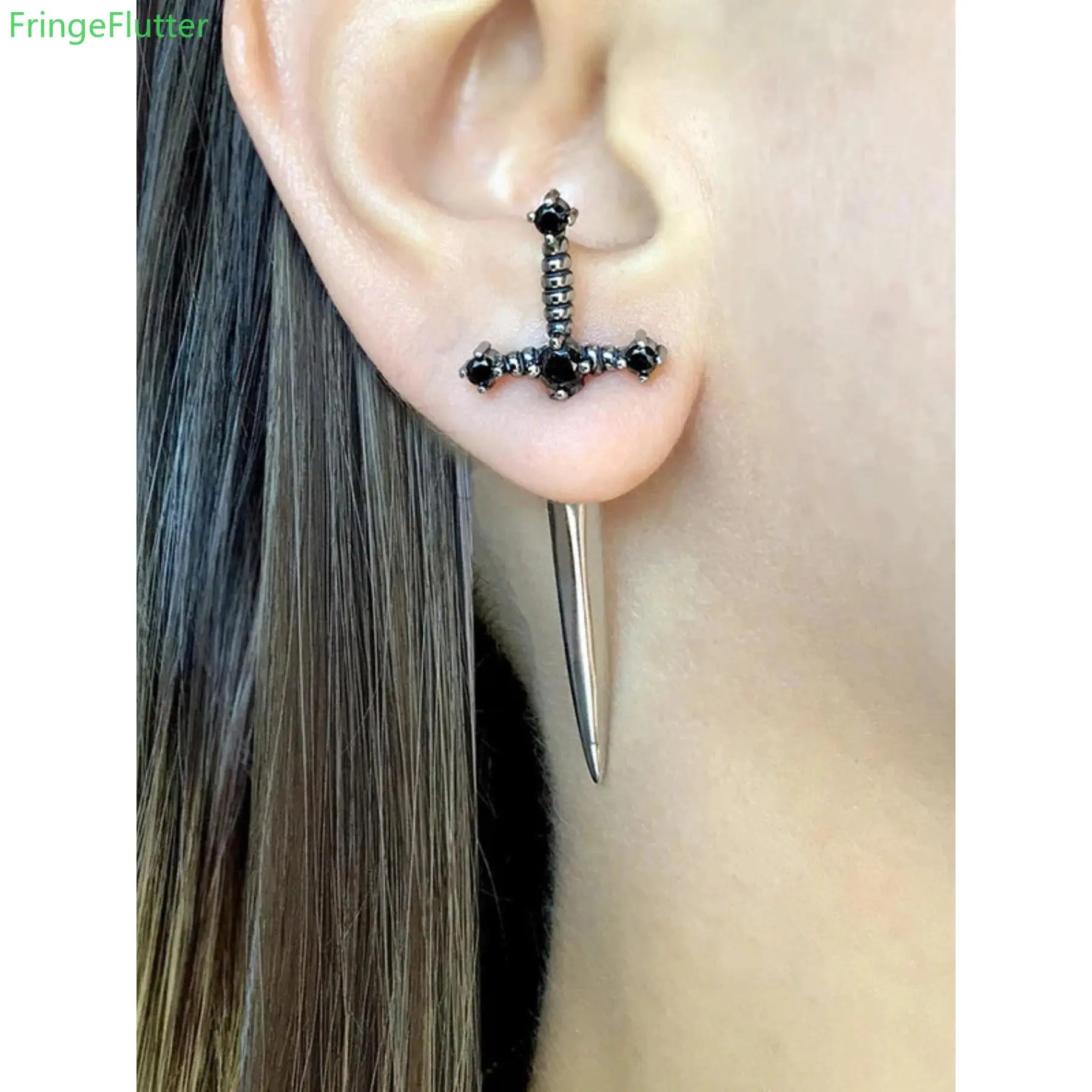 Women's Gothic Artificial Crystal Sword Stud Drop Earrings - Vintage Punk Cross Design Statement Jewelry for Sports & Outdoor Protective Gear, Ideal for Birthday Gifting, Ear Jewelry, Earring Studs