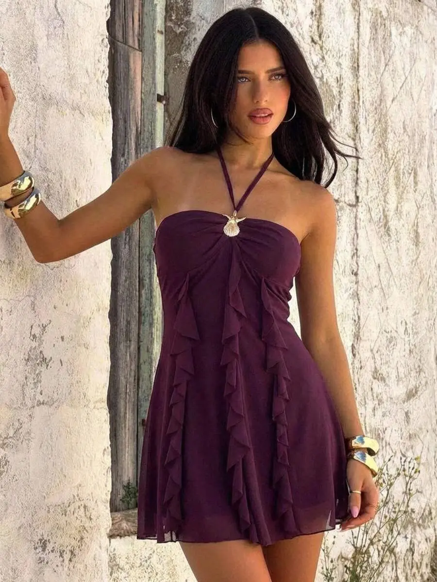 SOLELINA Women's Dark Purple Mesh Halter Mini Dress With Metal Starfish Decor,Ruffle Hem,Frills,Boho Tropical Summer Holiday Party Vacation 70s Resort Wear