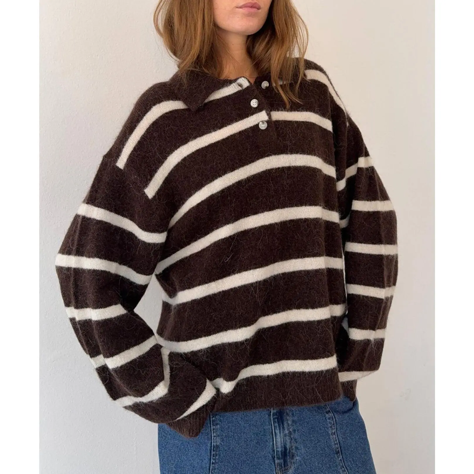 Women Oversized Horizontal Stripe Polo Collar Knit Sweater, Fuzzy Soft Fluffy Mohair Blend Long Sleeve Button Henley Pullover Jumper, Loose Relaxed Fit Ribbed Cuff Striped Collared Knit Top, Vintage Casual Warm Sweater for Fall Winter Daily