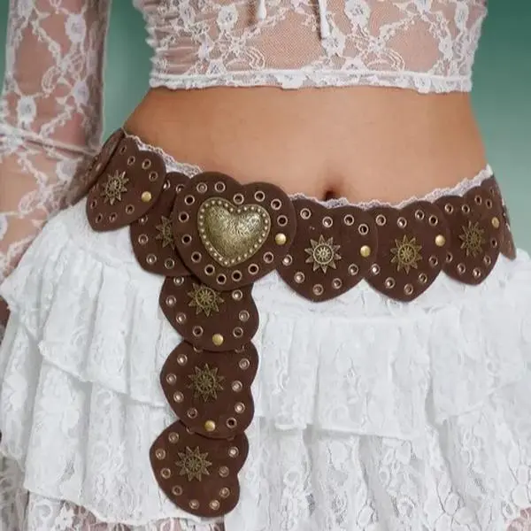Women's Vintage Ethnic Pattern Heart Rivet Decor Western Belt, Fall Outfits, Fall Freshness, Boho Style Waistband for Jeans & Short Skirt, Fashion Buckles Belt for Party, Daily Clothing Decor, Mother's Day Gifts
