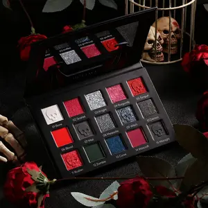 Halloween themed eyeshadow palette in red and black. Stunning black-silver glitter and burgundy matte shades. Ideal for vampire, clown and creative Christmas makeup Shimmer Matte Eyeshadows