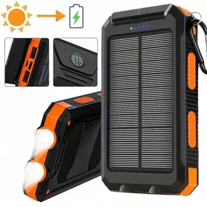Portable Solar Power Bank, Solar Charging Battery, Camping External Battery Charger for Mobile Phones, 2 USB/Type-C/Micro USB LED Flashlights with Compass for Outdoor Activities 10000mAh Gift for Outdoor Enthusiasts