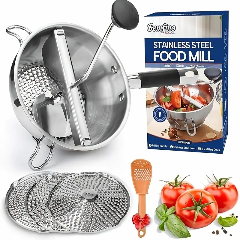 A Stainless Steel Food Grinder with Three Grinding Discs, Designed Ergonomically for Rotating Food Grinding, Suitable for Making Ketchup, Mashed Potatoes, Applesauce, Etc., Featuring a Silicone Handle And Dishwasher Safe