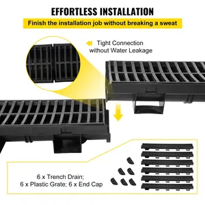 VEVOR Trench Drain System,  Channel Drain with Plastic Grate, 5.8x3.1-Inch HDPE Drainage Trench, Black Plastic Garage Floor Drain, 6x39 Trench Drain Grate, with 6 End Caps, for Garden, Driveway-6 Pack