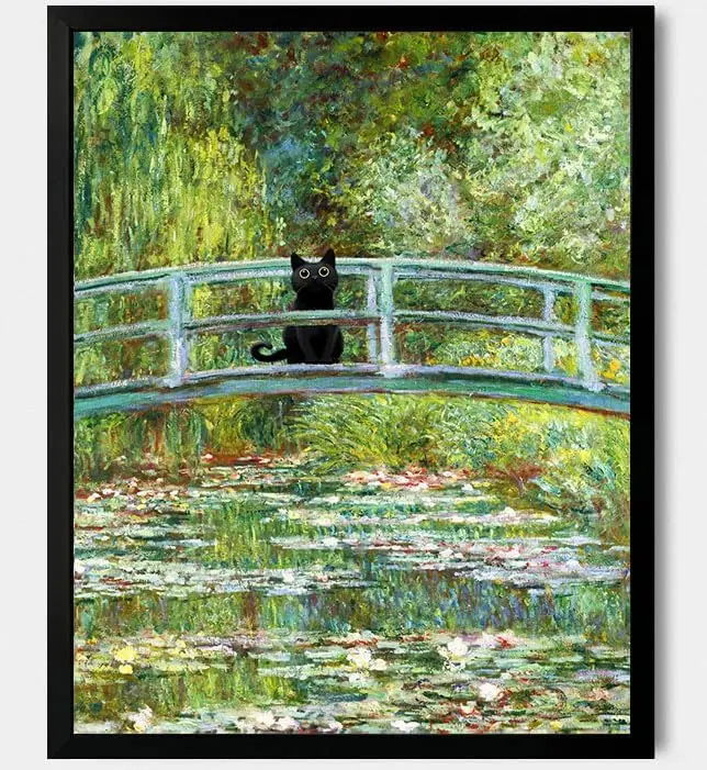 Aesthetic Cat Poster Monet Prints Vintage Posters Canvas Wall Art Funny Water Lilies Cat Posters Decor No Frame