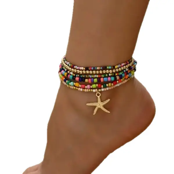 September Laurel  6Pcs/Set Boho-Chic Golden Starfish Pendant Anklet Vintage Colorful Rice Beads Multi-layer Ankle Chain Stackable Handmade Beades Beach Foot Jewelry Retro Ethnic Elastic Anklet Party Vacation Travel Beach Foot Chain Set