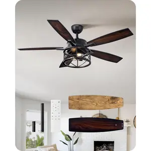 EDISHINE 52 Inch Farmhouse Ceiling Fans with Lights, Remote Control, 5 Wooden Blades, Dimmable, Timer, 6 Speeds Reversible DC Motor, Rustic Lighting & Ceiling Fan for Bedroom Living Room, UL Listed-HCFR01A