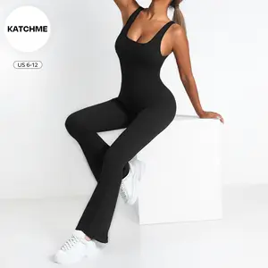 KatchMe Women's Casual Sleeveless Solid Color Athletic Flared Shaping Jumpsuit,Basic Plain U Neck Seamless Butt-Lifting Slim-Fitting Womenswear