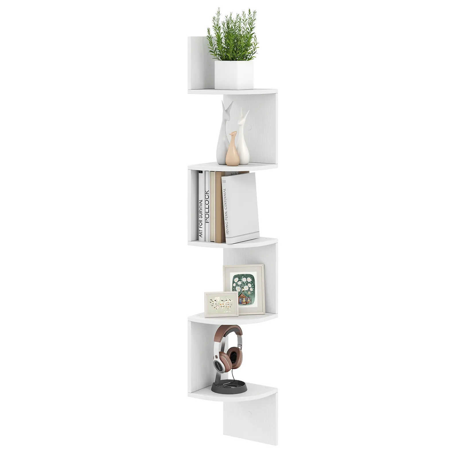 COSTWAY - 5-Tier Corner Shelf Floating Bookshelf Wall Mounted Storage Organizer-White