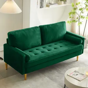 【Deals for You Days】66" Modern Velvet Loveseat Sofa - Mid-Century Tufted 2-Seater Couch with Golden Legs & Pillows, Aesthetic Lounge Furniture for Compact Space, Living Room & Apartment Interior (Green)