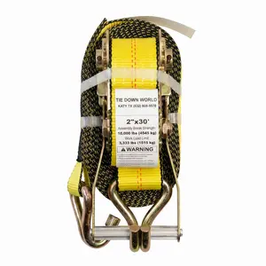 2" x 30' Polyester Wire Hook Ratchet Strap, Heavy-Duty Cargo Tie-Down with J-Hooks