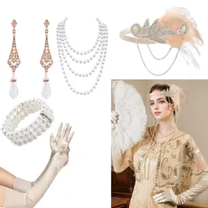 7 Pieces 1920s Flapper Great Gatsby Accessories Set, Roaring 20's Theme Set with Headband Headpiece Long Black Gloves Necklace Earrings for Women