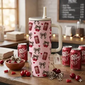 40oz Cherry & Leopard Bow Tumbler with Handle and Straw | Retro Dr Pepper Inspired Insulated Stainless Steel Mug | Large Capacity Travel Cup for Soda Lovers Flasks