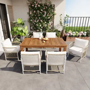 7pcs Wooden Dining Table Set, Outdoor patio 67''L Rectangular Table with 6 Rattan Arm Chairs for Poolside, pool furniture Backyard porch , Garden, Natural