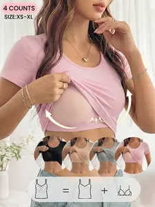 Women's Spring Summer Tank Top with Built in Padded Wireless Bra Camisole,Integrated Bra Cup Short Sleeve Fitted T-Shirt, Round-Neck Camisole,Soft Comfortable Plain Inner Layer Outerwear Top Underwear